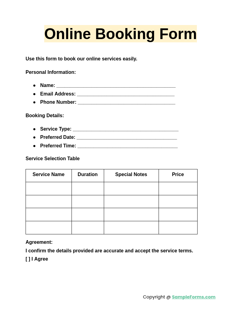 online booking form