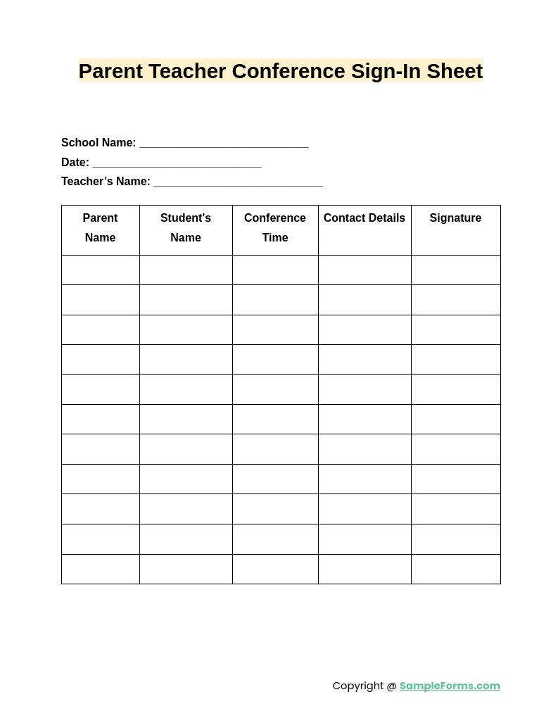 parent teacher conference sign in sheet