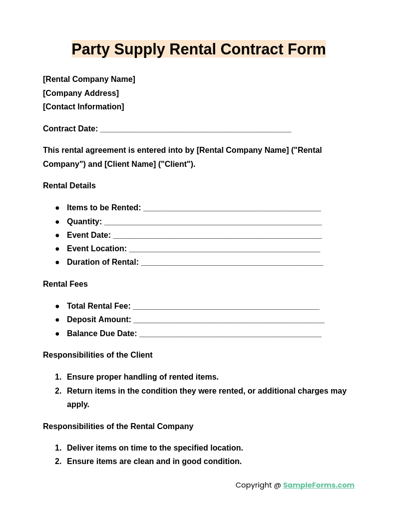 party supply rental contract form