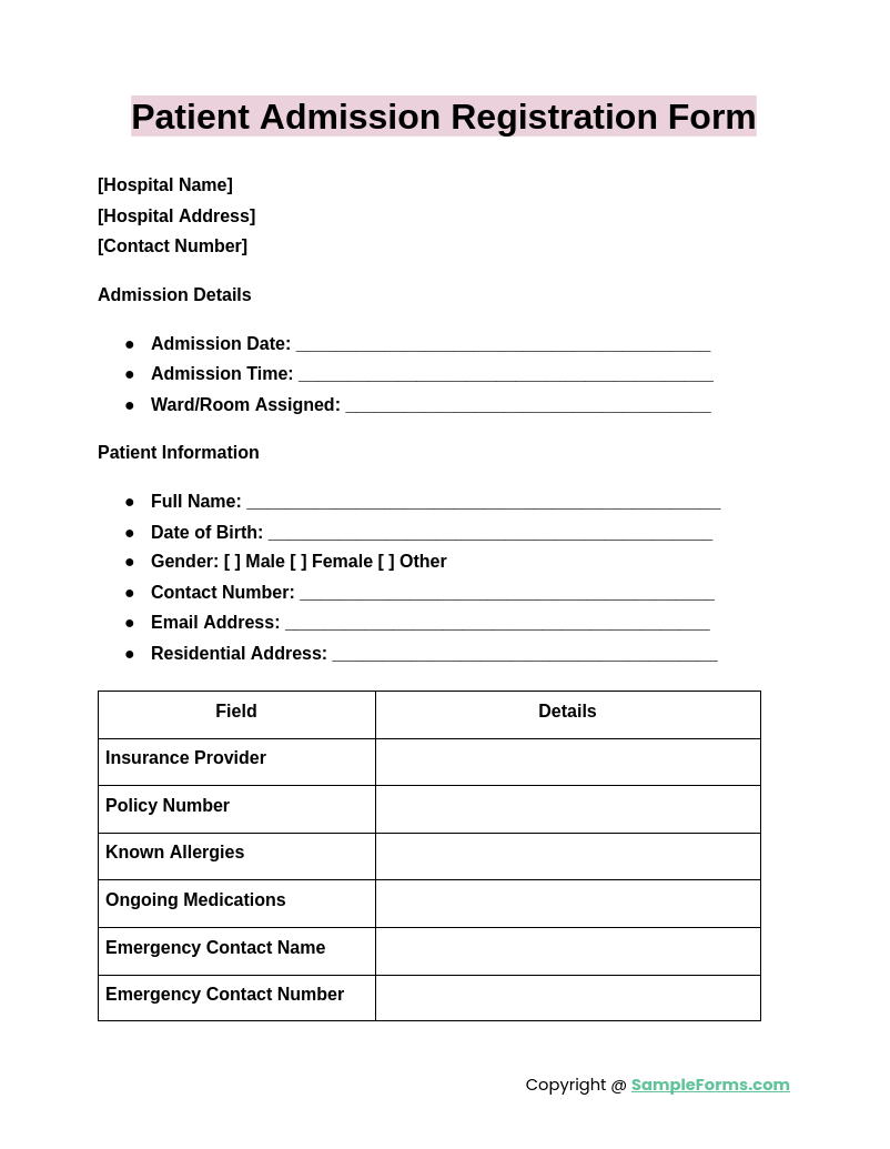 patient admission registration form