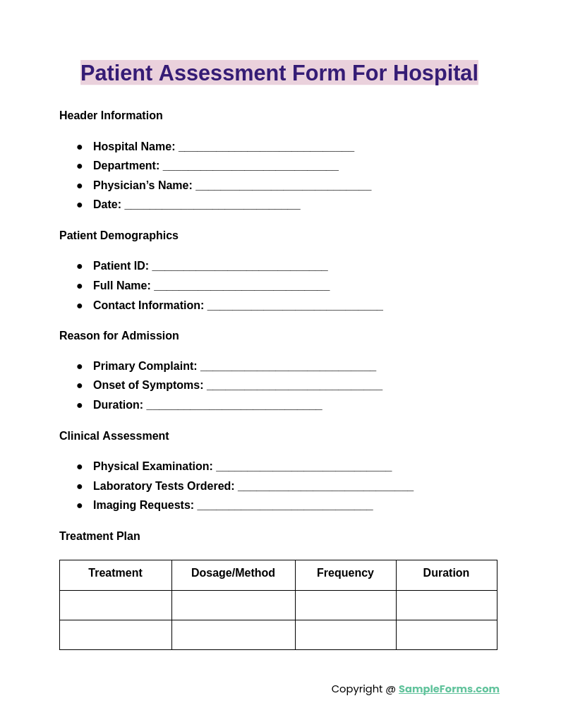 patient assessment form for hospital