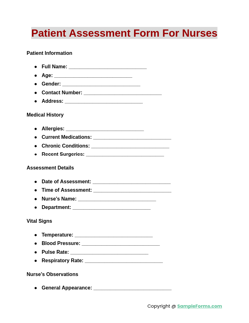 patient assessment form for nurses