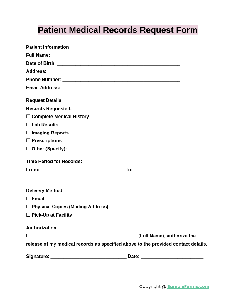 patient medical records request form