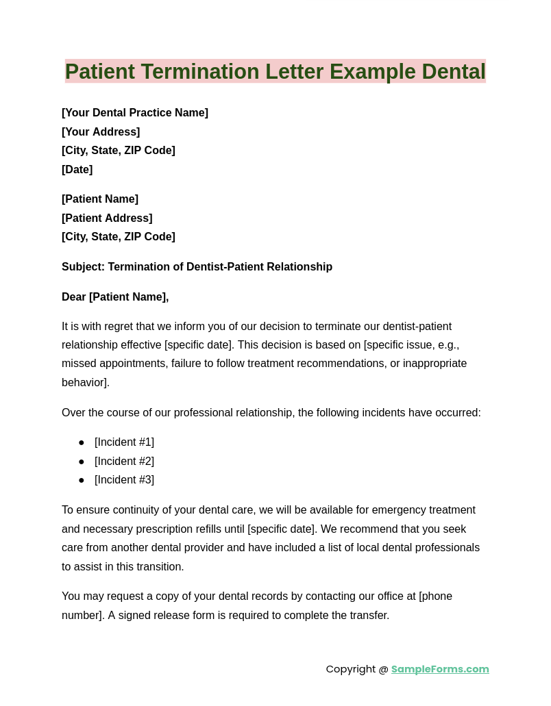 patient termination letter example dental