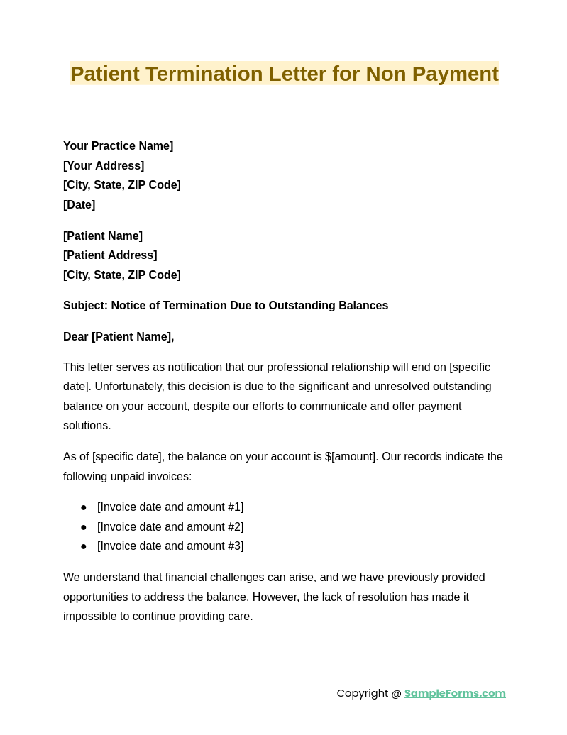 patient termination letter for non payment