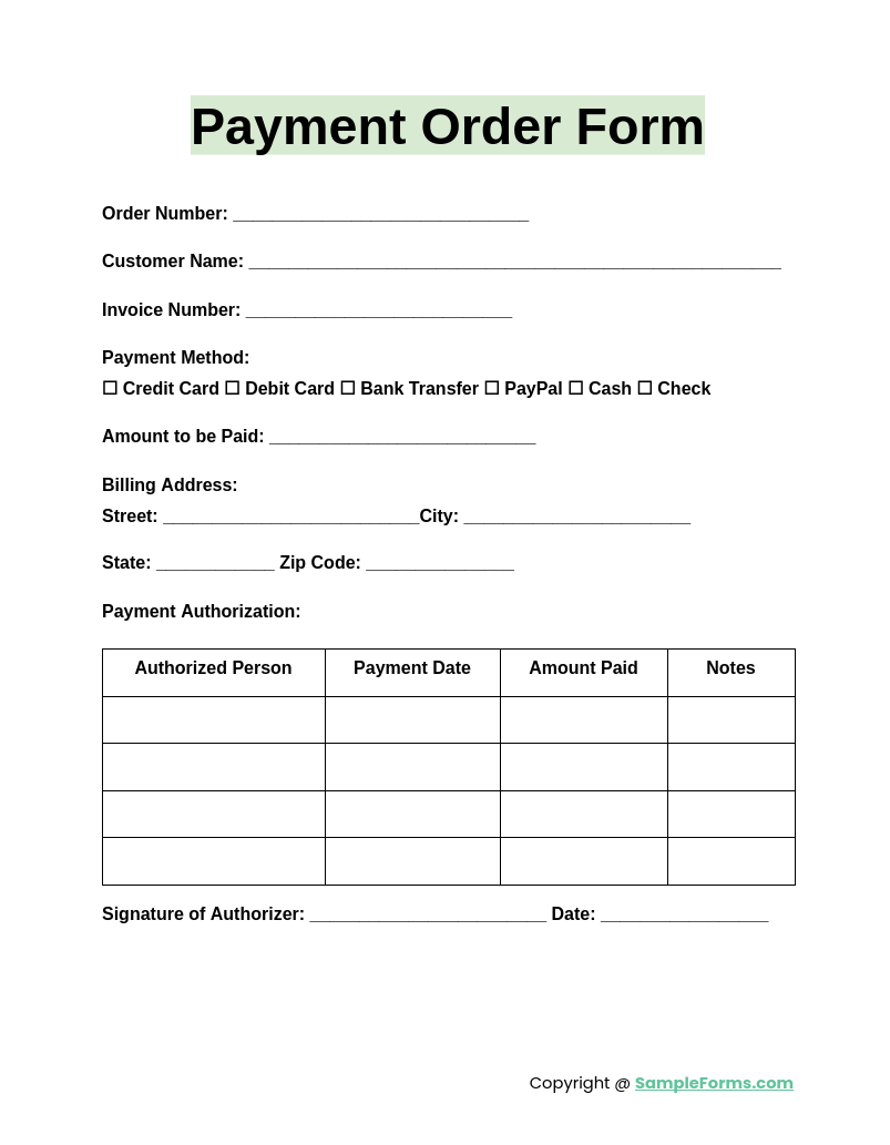 payment order form