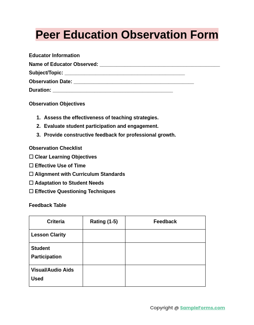 peer education observation form