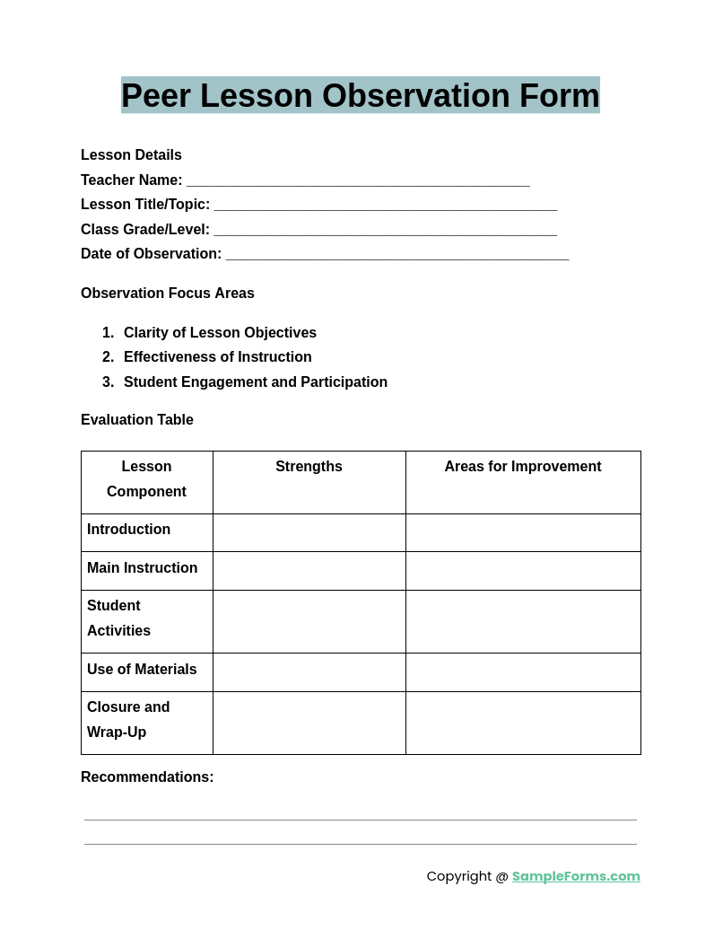 peer lesson observation form