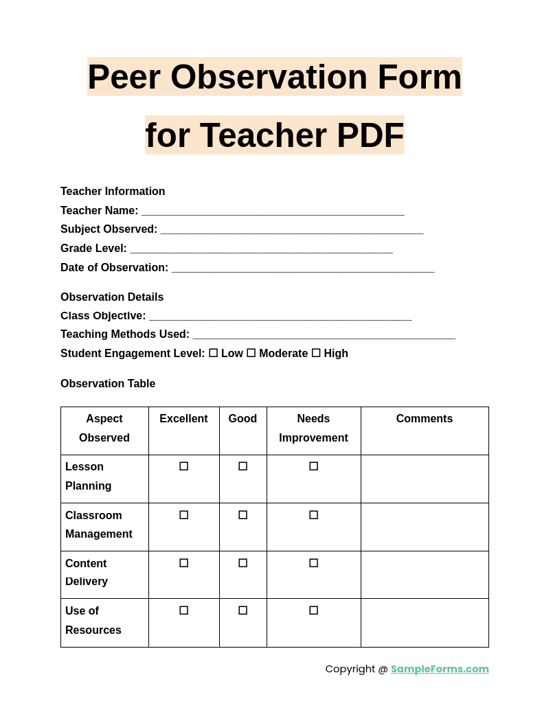 peer observation form for teacher pdf