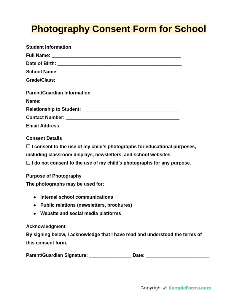 photography consent form for school