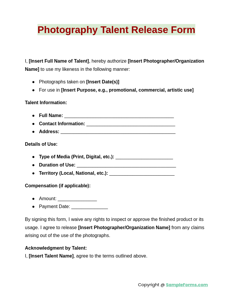 photography talent release form