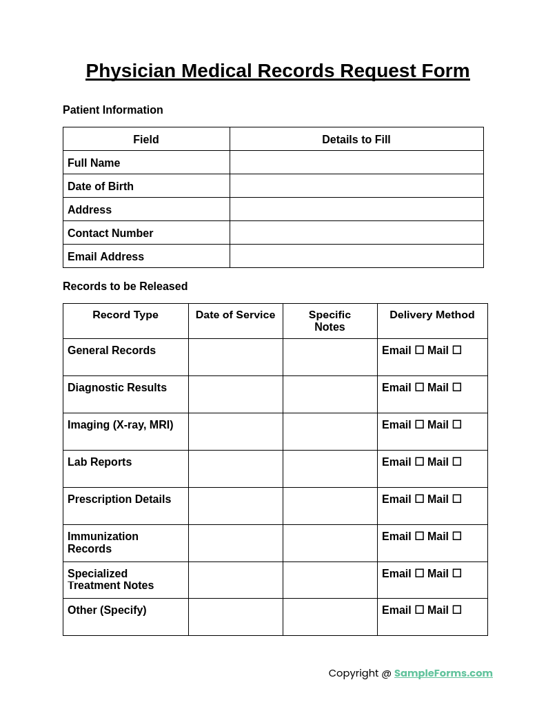 physician medical records request form