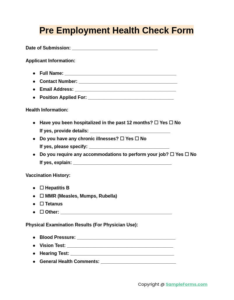 pre employment health check form