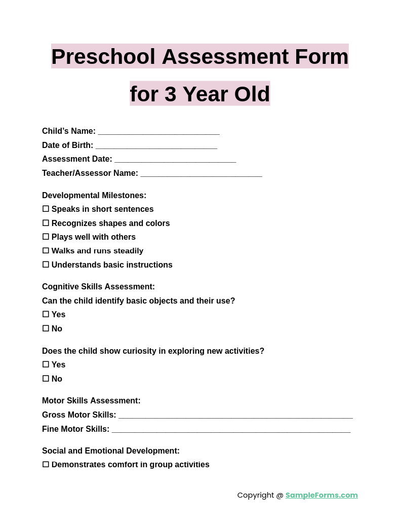 preschool assessment form for 3 year old