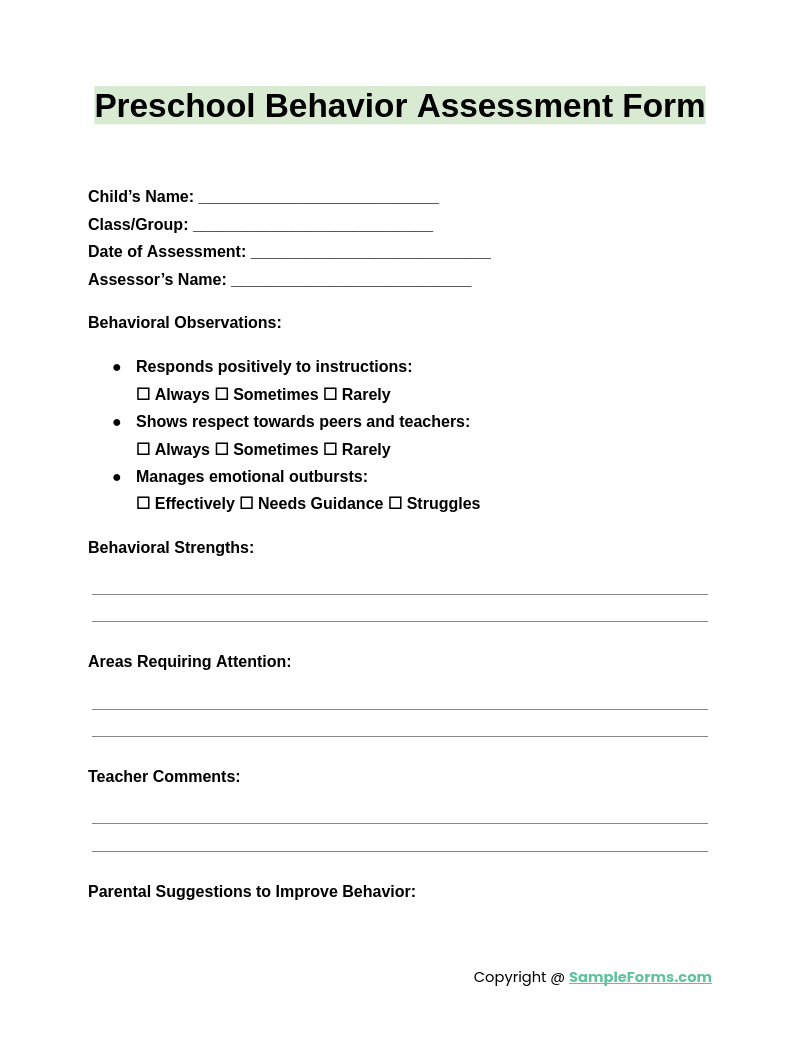 preschool behavior assessment form