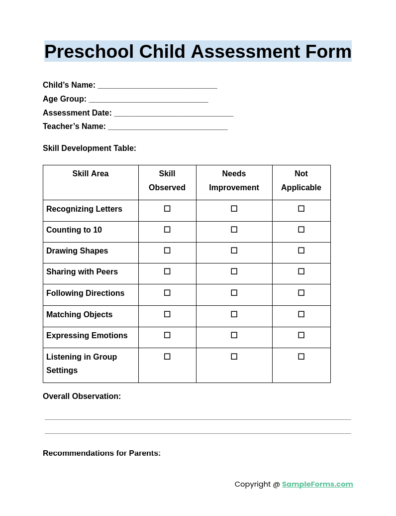 preschool child assessment form