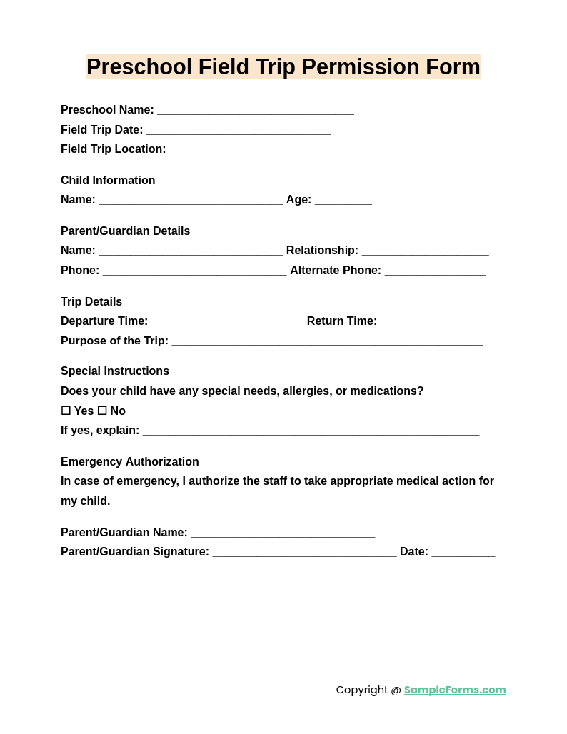 preschool field trip permission form