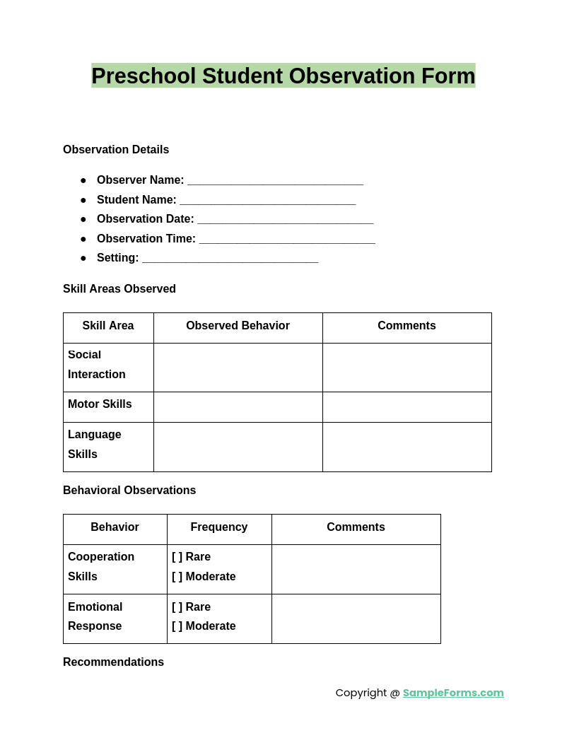 preschool student observation form