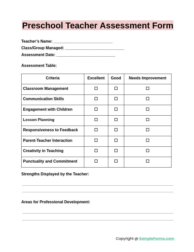 preschool teacher assessment form