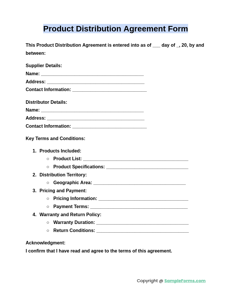 product distribution agreement form