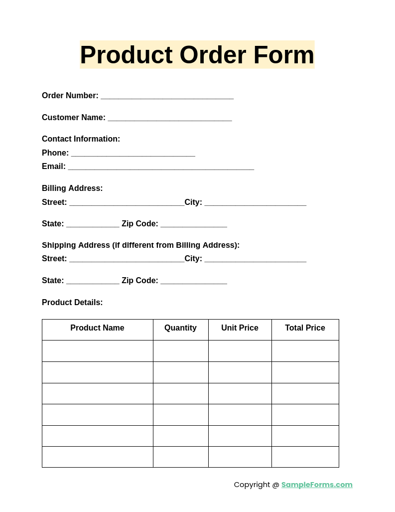 product order form