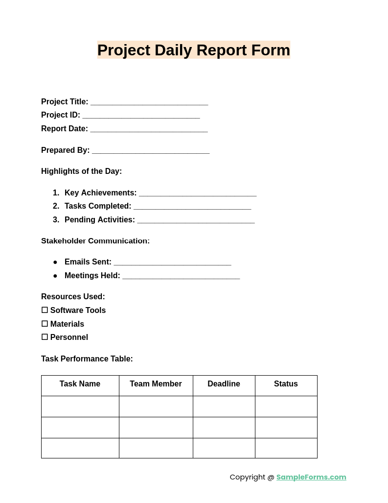 project daily report form