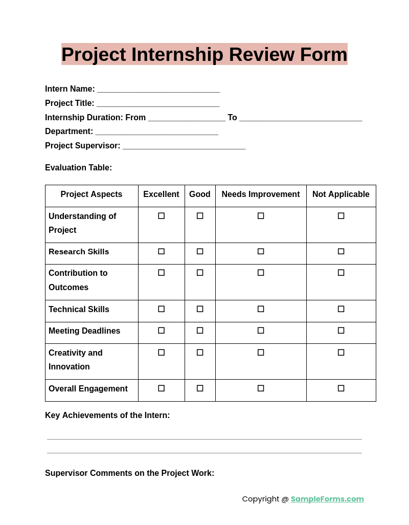 project internship review form