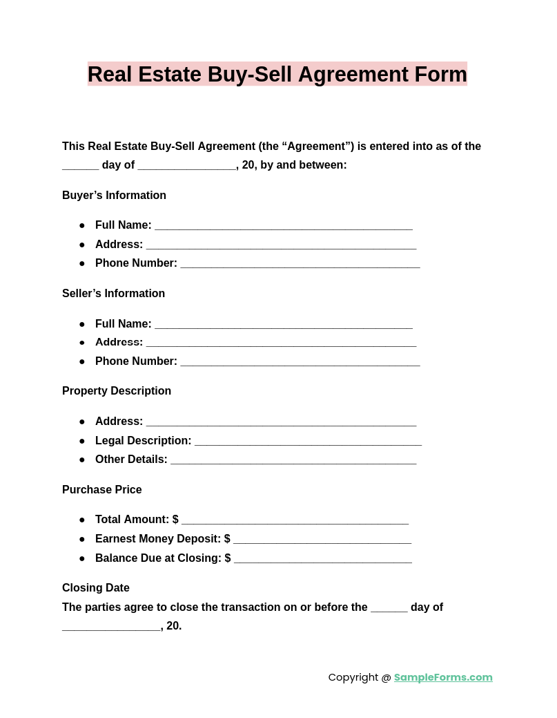 real estate buy sell agreement form