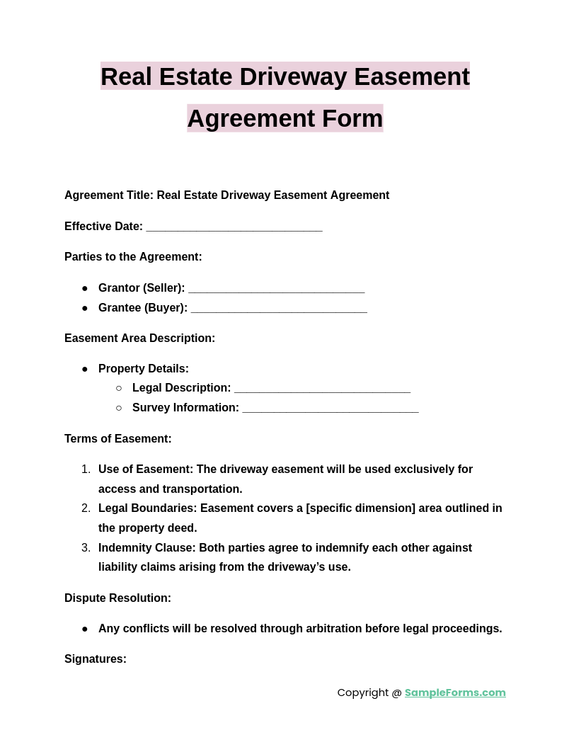 real estates driveway easement agreement form