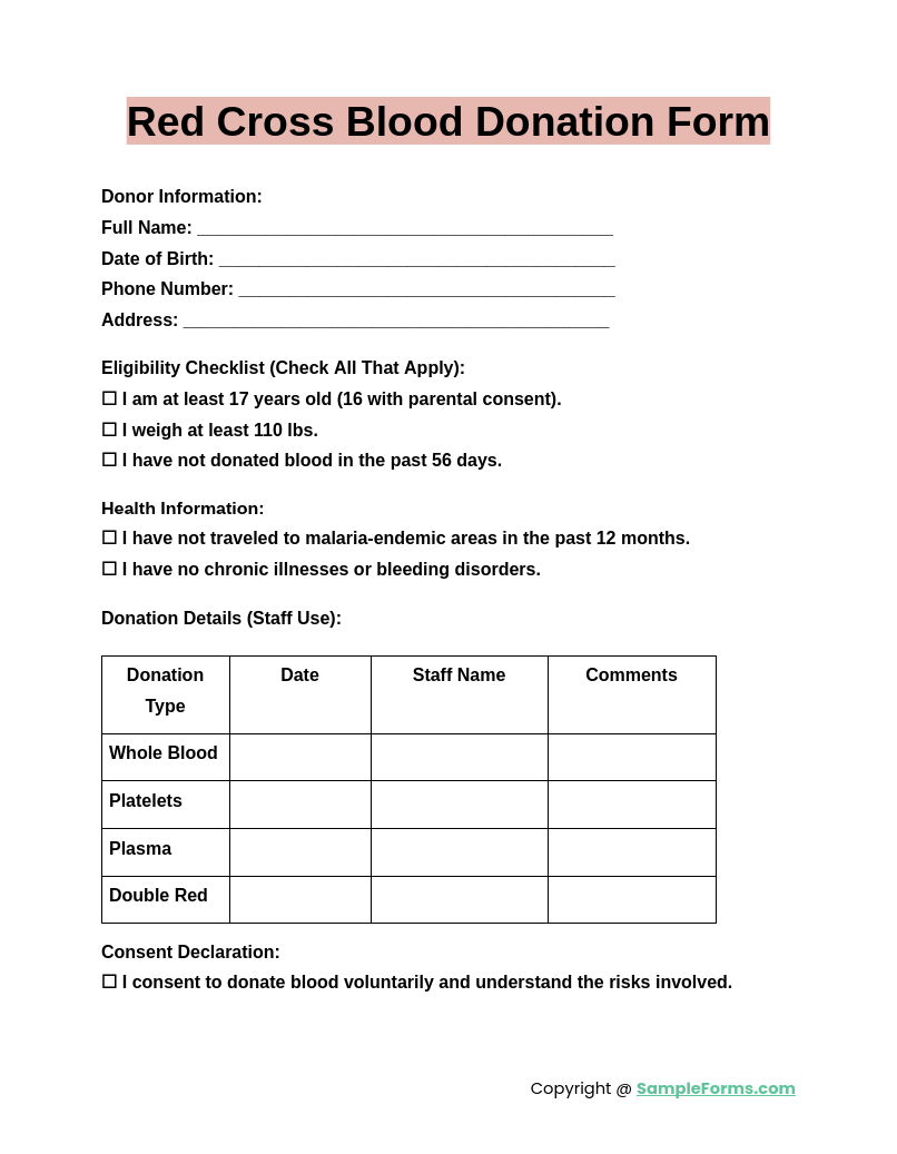 red cross blood donation form