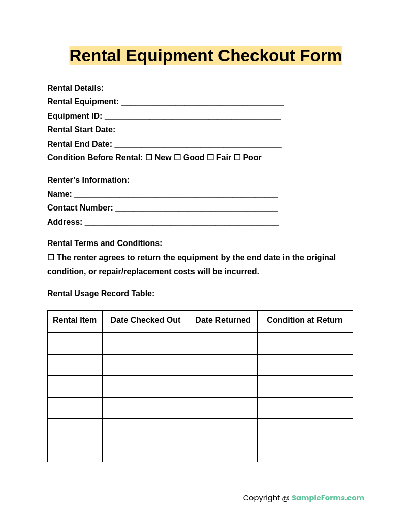 rental equipment checkout form