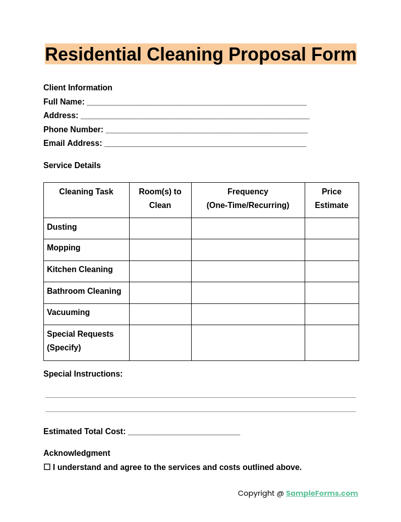 residential cleaning proposal form