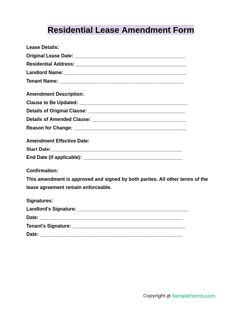 residential lease amendment form