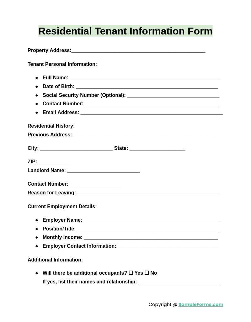 residential tenant information form