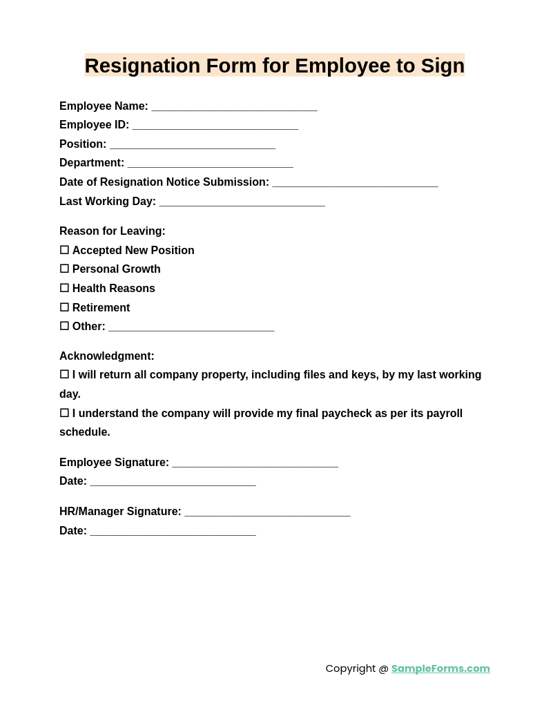 resignation form for employee to sign