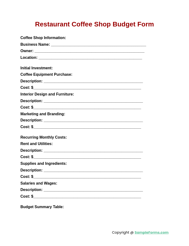 restaurant coffee shop budget form