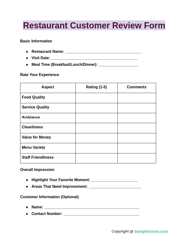 restaurant customer review form