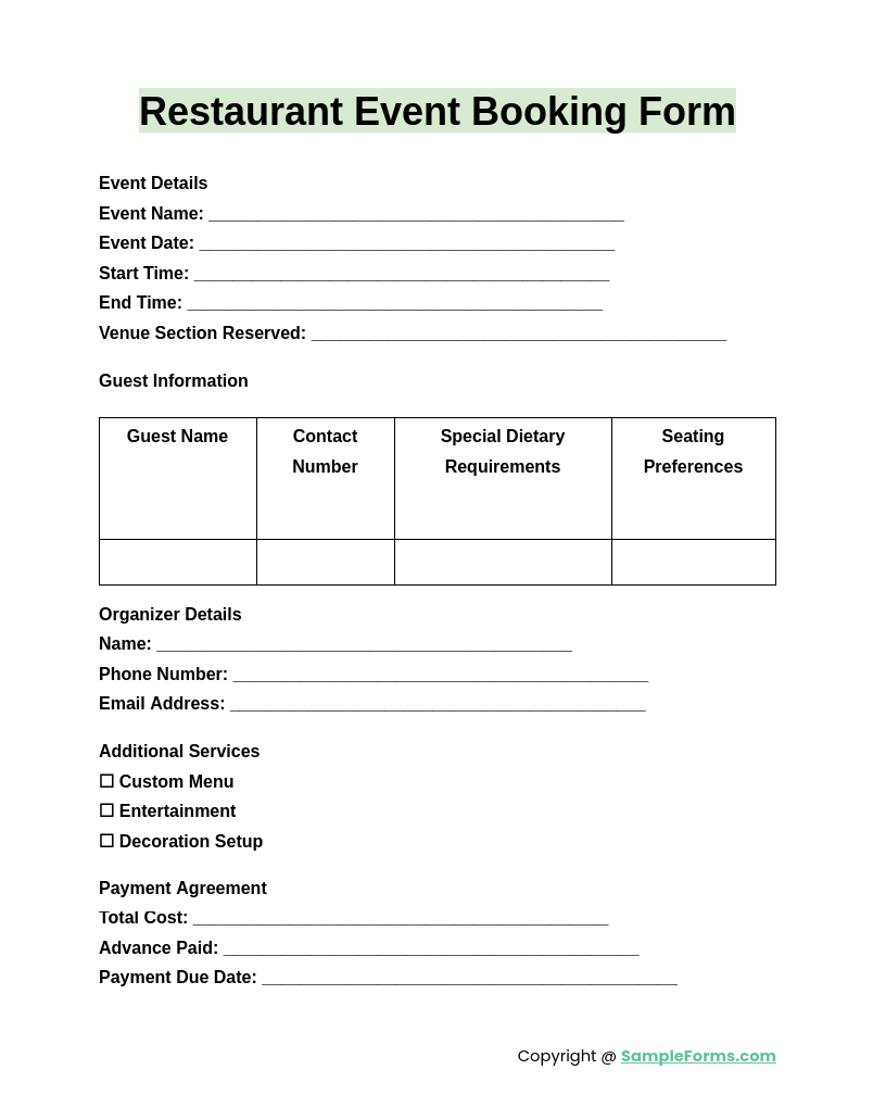 restaurant event booking form