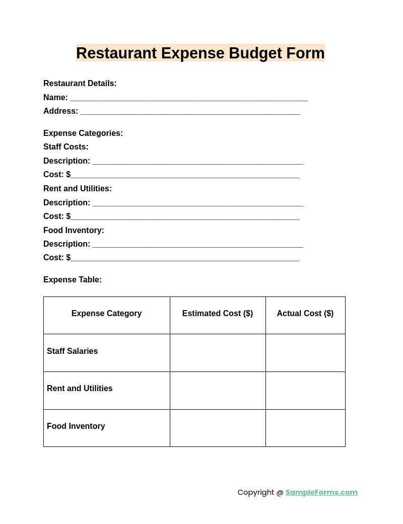 restaurant expense budget form