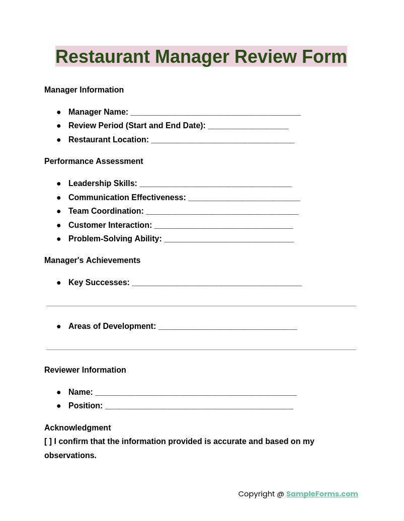 restaurant manager review form