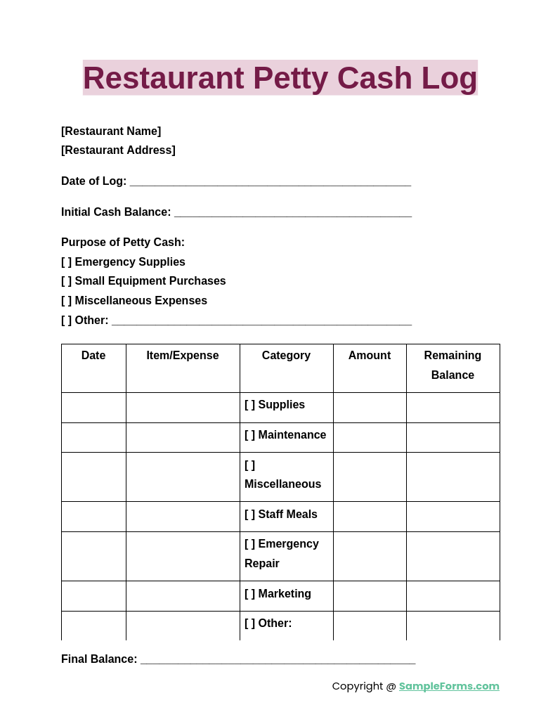 restaurant petty cash log