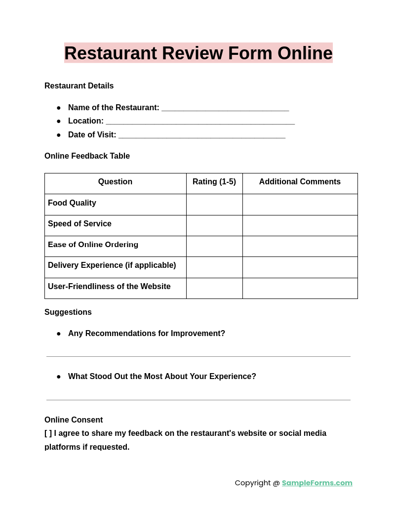 restaurant review form online