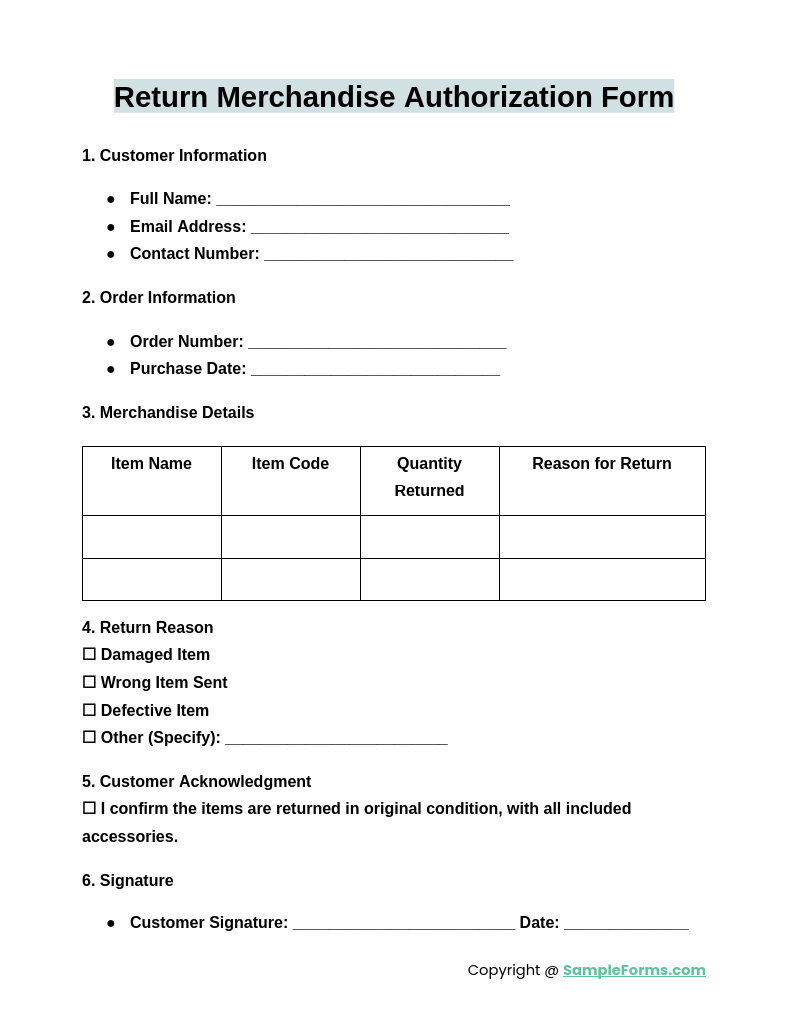 return merchandise authorization form