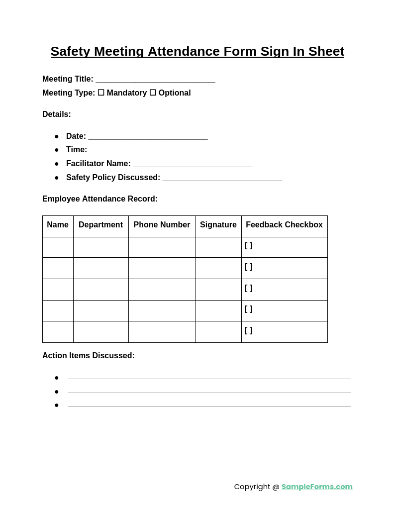 safety meeting attendance form sign in sheet