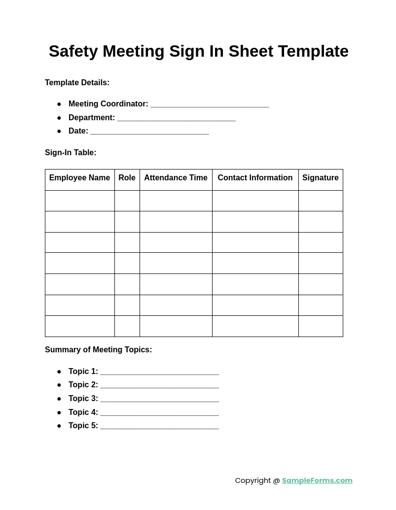 safety meeting sign in sheet template