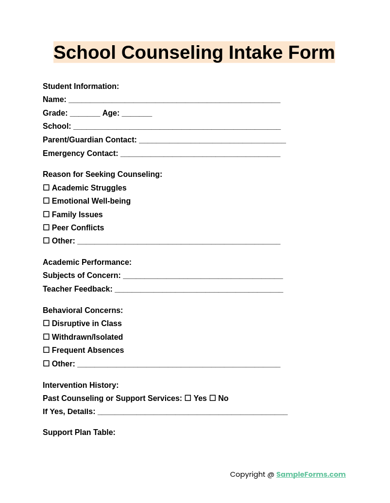 school counseling intake form