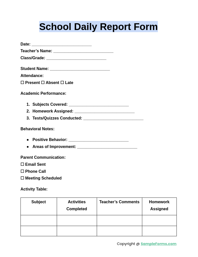 school daily report form