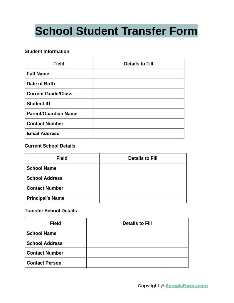 school student transfer form