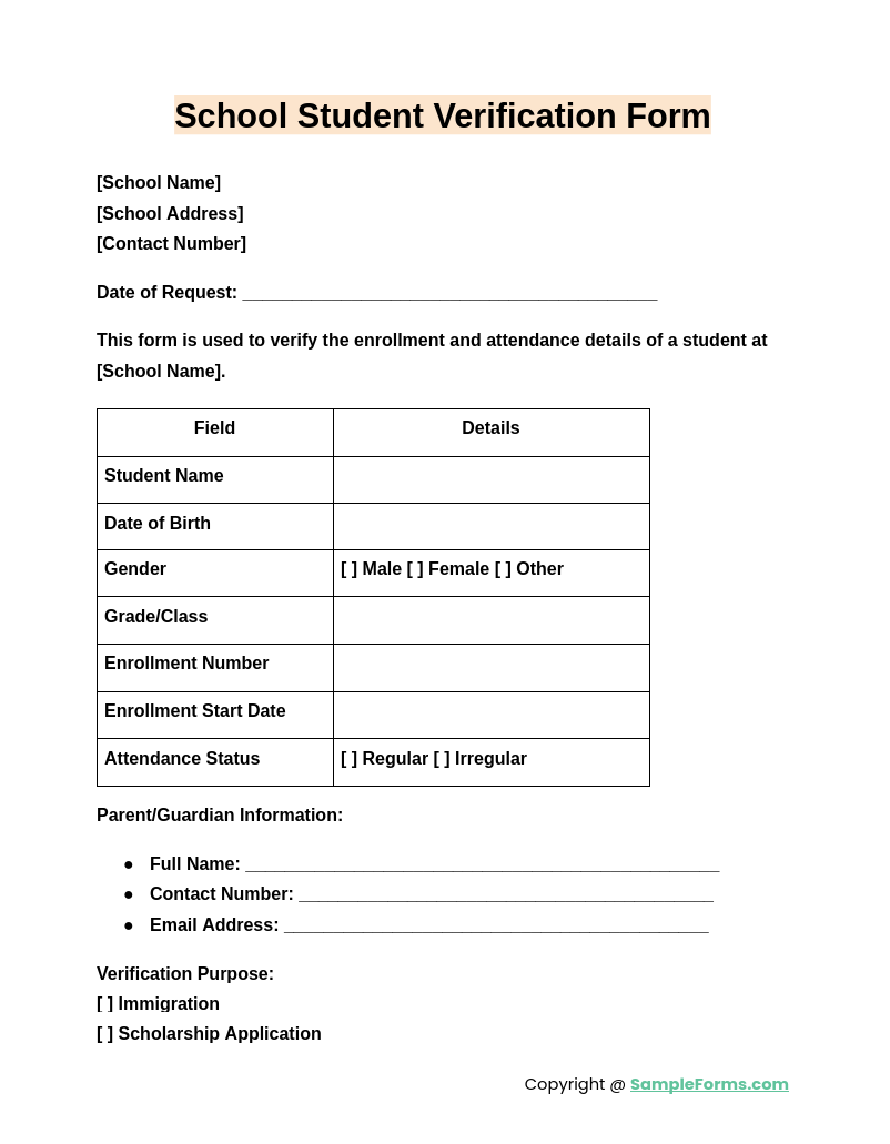 school student verification form