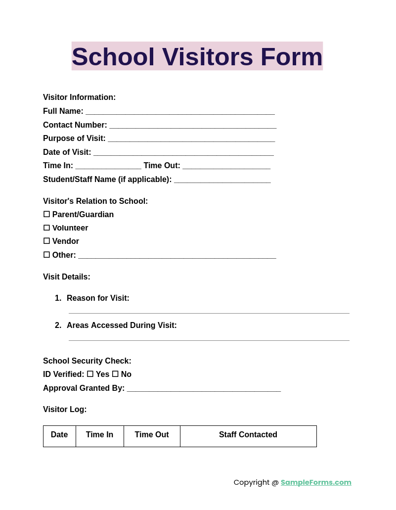 school visitors form